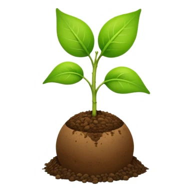 Apple-style emoji of a green sprout with two leaves and a thin stem, growing from a round brown soil ball on a light cream background sticker