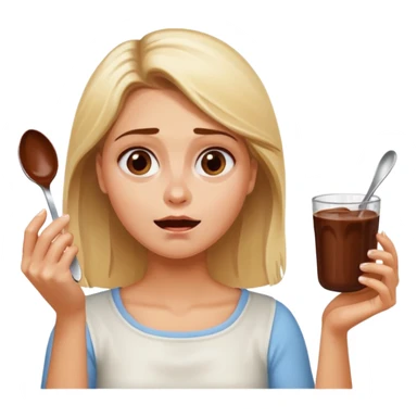 Nutella with a spoon. The glas of Nutella is almost empty . Only the one carriage of Nutella. Next to the Nutella is the head of a blond woman who is desperate to eat the Nutella  sticker