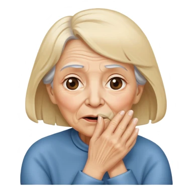 old woman with semi blond hair with hand that close mouth sticker
