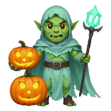 male orc warrior ghost emoji, green skin, wearing torn white ghost sheet costume, holding glowing jack-o'-lantern, faint blue aura, friendly but spooky expression, Halloween fantasy theme, Apple emoji style, clean white background, square sticker