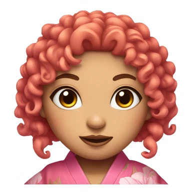 a demon girl with curly black orange hair and pink eyes with a pink kimono a bamboo in her mouth  sticker