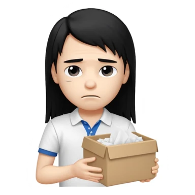 generate a pretty bratz boy with long black hair, wearing a white polo shirt. Looking sad, holding a box of tissues sticker
