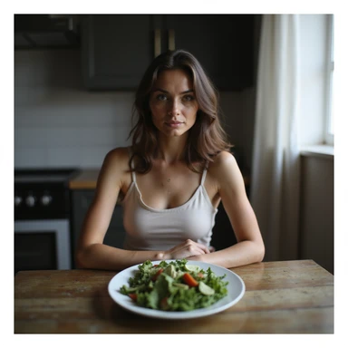 realistic style adult thin woman sitting in front of a plate with only some salad, empty gaze, kitchen environment, atmosphere of deprivation sticker