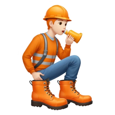 Person licking a large orange work boot sticker