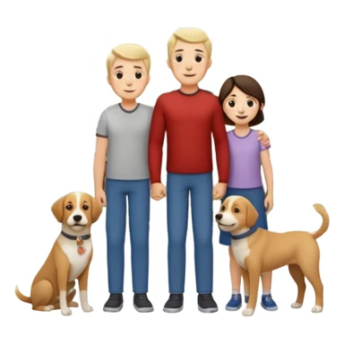1 Father 1 Mother and 1 young boy who is half as tall as the parents, standing in front of their house with a dog next to them. Everyone should look VERY happy. There MUST be a house behind them with trees and plants sticker