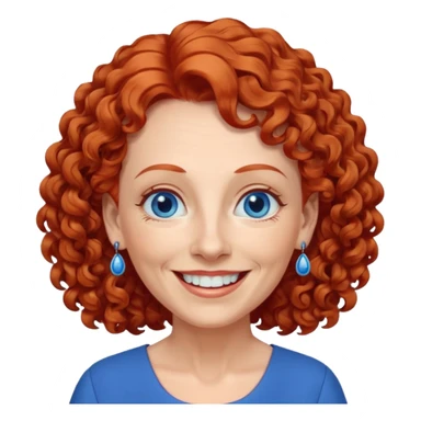 una profesora mayor simpática con el pelo rojo rizado, ojos azules, vestido azul y pendientes azules hablando altura completa sonriendo con los dientes sticker