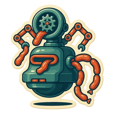 sausage-processing droid. retro-futuristic style. top is a large circular industrial grinder rotating gears and blades. Two robotic arms feed material into grinder. Sausage links extrude from the rear like  factory. The body is metallic, compact, and floats above the ground.no legs. Dark humor sticker