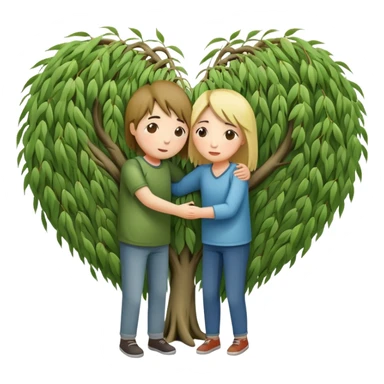 heart-shaped weeping willow tree with two people inside giving each other a supportive, caring hug, like close friends comforting each other, with a small heart above them sticker