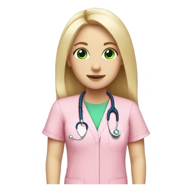 pale blonde girl with long hair and green eyes wearing pink scrubs and stethoscope  sticker
