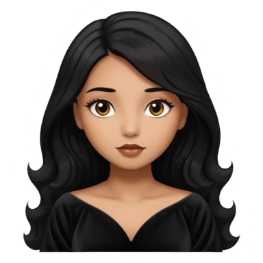 She has round head with oversized glossy eyes that dominate her face, giving her a dreamy expression. Her eyes are a warm brown with long lashes. She has light brown skin. Long jet black hair. She’s wearing a dark dress sticker
