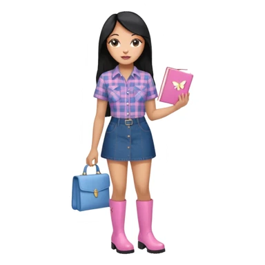 A plus-size light-skinned Black woman is wearing makeup. She has long, straight, waist-length black hair and is wearing a short-sleeved flannel shirt with a pink butterfly print, a denim miniskirt, and pink boots. She is standing and holding a book with her forearm raised. sticker