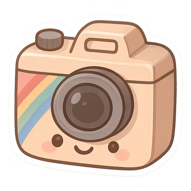 chibi sticker-style camera with a rainbow accent, cute and exaggerated sticker