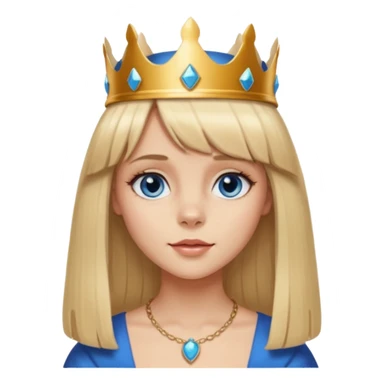 simple Blonde girl with bangs, long straight seductive hair and blue eyes, and a simple crown. giving cockerspaniel energy head only sticker