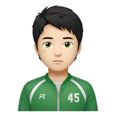 Draw Seong Gi-hun (Player 456), Korean male, messy black hair, green tracksuit with white number 456 printed on chest. sticker