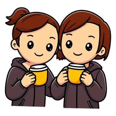 Two girls smiling, holding one coffee cup together sticker