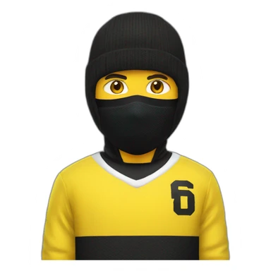 Guy wearing a yellow balaclava and a black and yellow hockey jersey sticker