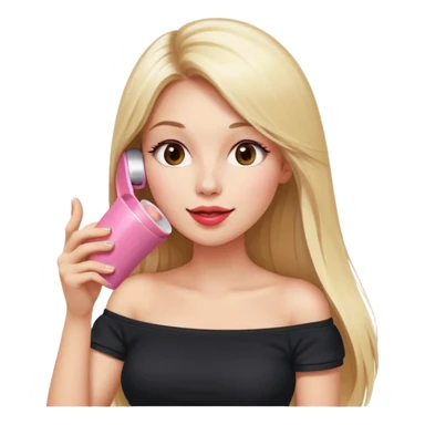 playful expression of woman with straight long blond hair, gossiping on a pink analogue phone, holding a tea cup, wearing an off-shoulder black top, red face sticker