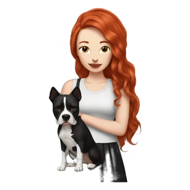 Long Red haired woman with septum piercing holding black and white English Staffordshire dog sticker