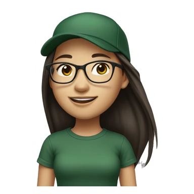Hyper realistic, look from side, asian girl, light white skin, smiling with teeth, black eyes, spotted frame glasses, long brown straight hair with highlighted strands, black T-shirt, dark green cap. sticker