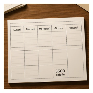 Hyperrealistic top-down view of a weekly calendar in Italian, showing days from Monday to Sunday. Only Saturday and Sunday have the text '3500 calorie' clearly visible below, with no red circle on Friday. 4K details, desk atmosphere. sticker