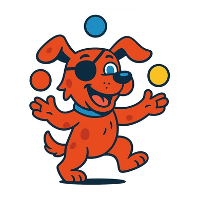 dog with red fur, blue eyes, wearing an eye patch, juggling balls, playful expression, vibrant cartoon style sticker