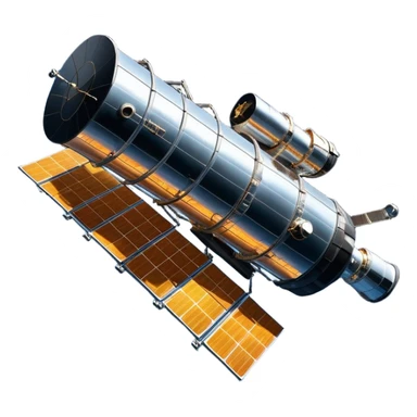 cinematic-realistic-hubble-space-telescope-emoji, an awe-inspiring, ultra-detailed depiction of the Hubble Space Telescope floating in space, its large, reflective metallic surface gleaming against the backdrop of the infinite blackness. The telescope's vast solar panels extend outwards, catching the light from distant stars, while its intricate, cylindrical body showcases advanced, precise engineering. The telescope's large, hexagonal lens is pointed towards the cosmos, surrounded by mechanical components, wires, and sensors. The detailed textures of the telescope’s metallic exterior, the shiny reflective coating, and the intricate grid-like solar panels are sharply contrasted against the void of space, with distant stars and nebulae faintly visible in the background, adding to the sense of scale and technological marvel; rendered with extreme realism and attention to detail. sticker
