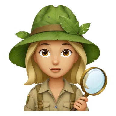a young female explorer with jungle wearing a large leaf headgear bye and magnificer glass sticker