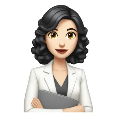 pale skin woman interior designer with cold blonde middle length black hair, gray eyes, White classical jacket, blouse, Gray skirt holding a color palette in the hands sticker