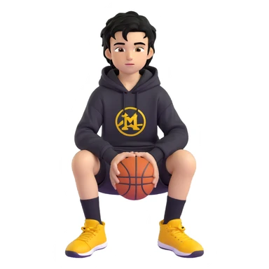 boy kid sitting in a ring sitting pose, black hoodie with hood off, smirking, black crew socks, black messy hair, black basketball shorts, yellow skin sticker
