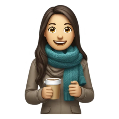 white laughing female data science engineer with dark brown straight long hair in a tech startup wearing woolly scarf and wearing a coffee mug, not full body shot sticker