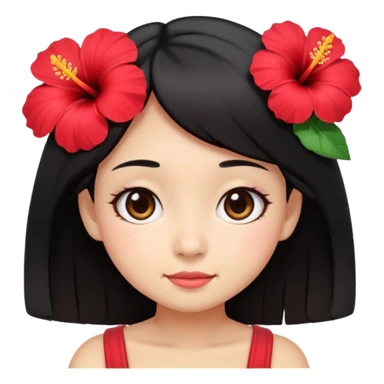 cute emoji-style girl face inspired by Lilo, big round eyes, soft smile, tan skin, straight black hair, red hibiscus flower on left, kawaii, minimal, pastel sticker