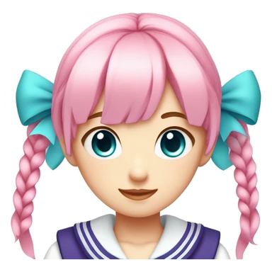 1 girl,light Pink hair, purple eyes,short high twintails with red hair ribbon,cyan blue  and white top Sailor uniform with cyan blue  sailor collar, sticker