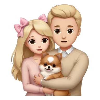 Blond girl with old money beige outfit white brown eye skin with husband brown hair brown eyes hugging white Pomeranian with light pink bow ponerania another pomerania red brown sticker