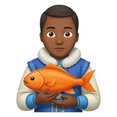 inuit man with traditional clothes and orange fish sticker