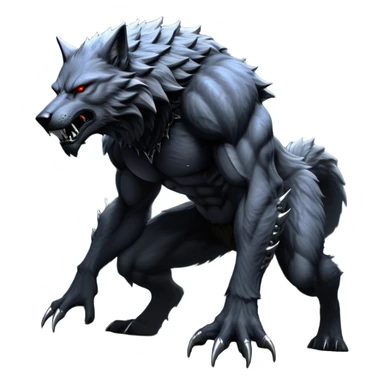 cinematic-noble-fierce-werewolf-full body on all fours-emoji, poised-and-imposing, with a tall, lean, and muscular wolfish frame inspired by the brutal, imposing shape of the beast from Berserk, fur rippling in shades of midnight black and silver, massive paws with razor-sharp claws, elongated limbs and fangs, eyes glowing with an intense, primal ferocity, reflecting the untamed power of the wild moonlit night; rendered with realism like a wolf hunched over battle ready pose ready to attack sticker
