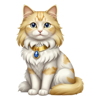 Fancy white fluffy long-haired sophisticated elegant sitting pet cat with a gold-sapphire collar (full body)  sticker
