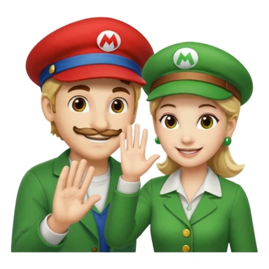 blonde female Luigi (with the Luigi green hat) and a normal brown hair male Mario with the red hat. They are friends! Maybe highfiving or just smiling sticker