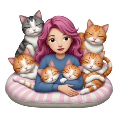 girl with long wavy brown hair, long lashes makeup, sexy pink lips, light to medium complexion,  sleeping on a cozy pillow, with 6 cats: 1 ginger/white, 1 grey with white paws, 1 calico, 2 grey and white and one tabby and white sticker