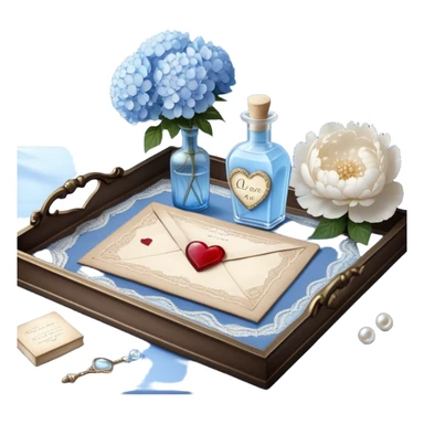 On a lace-trimmed tray rests an ornate glass bottle filled with a soft blue love potion, next to an aged love letter sealed with a wax heart. A delicate pearl butterfly gently perches on the edge of the envelope, while petals of white peonies and pale blue hydrangeas are scattered around. sticker