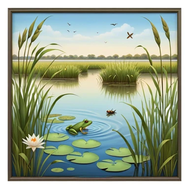Cinematic Realistic Wetlands Emoji in a wooden frame, Peaceful and serene, with tall grasses swaying in the breeze and soft, muddy waters reflecting the sky above. Small birds and insects flit among the reeds while lily pads float lazily across the surface, punctuated by the occasional croak of a frog or splash of a fish. Soft glowing outline, capturing the essence of a calm, tranquil wetland brimming with life and natural beauty. sticker