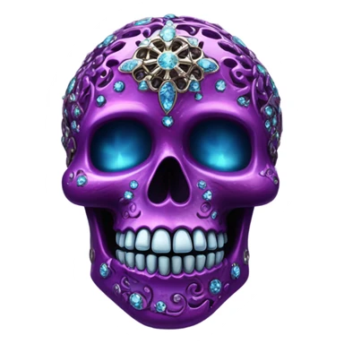 Realistic isolated metallic dark purple,magenta,light blue,and hot pink filigree super skull decorated with shiny diamonds and rhinestones.  sticker