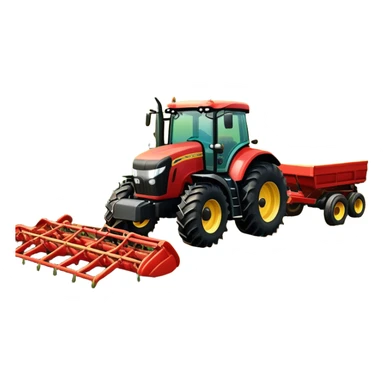 An icon representing a Farming Simulator 22, with a detailed tractor, plowing fields under a bright sky with a colorful rural landscape. The design includes farming tools, crops and barns, symbolizing the immersive experience of managing a farm. Transparent background. sticker