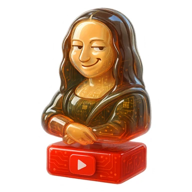 Mona Lisa with a playful sarcastic grin, red YouTube play button, glossy circuit style, in red box sticker