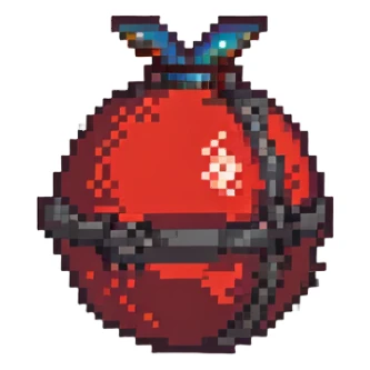 red orb with bomb silhouette, 32x32 pixel art game power-up sticker