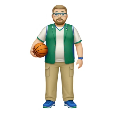 full body white obese male basketball coach with trophy. Goatee , Wearing glasses and blue and green polio and khaki pants sticker