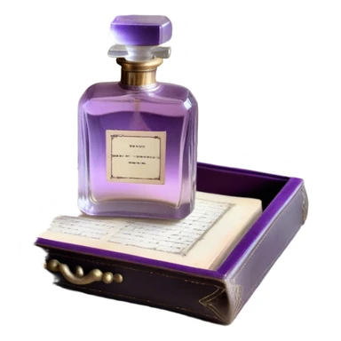 An ornate glass perfume bottle, filled with a delicate violet-hued elixir, rests on a lace-covered vanity tray, surrounded by pressed pansies in shades of lavender, plum, and amethyst, their petals softly curling with time. A worn leather-bound poetry book, its pages kissed with faded lilac ink, lies open beside it, exuding whispers of forgotten verses and fleeting romance sticker