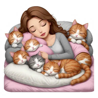 girl with long wavy brown hair, brown eyes, long lashes makeup, sexy pink lips, light to medium complexion,  sleeping on a cozy pillow, with 6 cats: 1 brown and white tabby cat, 1 ginger and white, 2 grey and white, 1 grey with white mittens and small white patch on chest and 1 calico, sleeping sticker