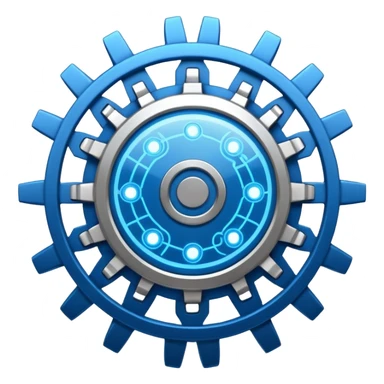 gear with circuit-style connected nodes, representing global system configuration and connectivity. sticker