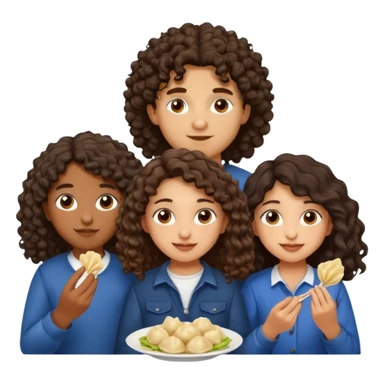 Can you create an emoji of three 23 year olds eating dumplings. One boy with wavy curly hair and one Jewish girl with long dark brown curly hair and one half Indian / half white girl with mid length straight dark brown hair. All brown eyes sticker