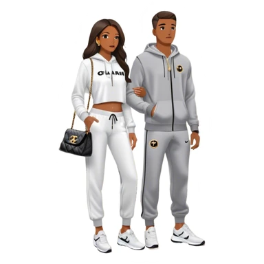 Realistic Man living his dream standing in the master bedroom of a mansion. He’s boo’d up with a pretty Brownskin big booty woman wearing a Chanel outfit and Bvlgari watch with her holding a Chanel bag. The man has on a Nike Tech Fleece sweatsuit. The man isn’t holding a bag sticker